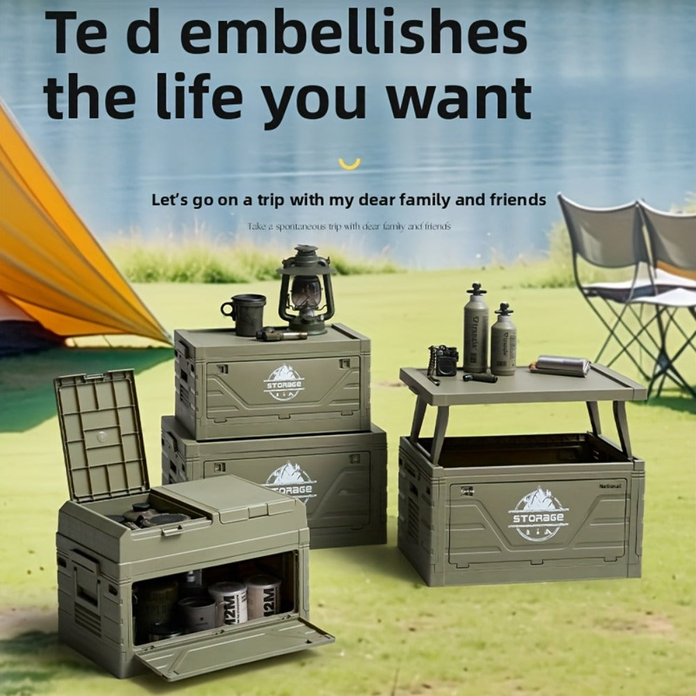 Foldable Storage Box Car Trunk Organizer – Large Capacity Collapsible Plastic Bin with Lid for Camping, Outdoor, Home & Vehicle Use, Portable Folding Crate with Table Function