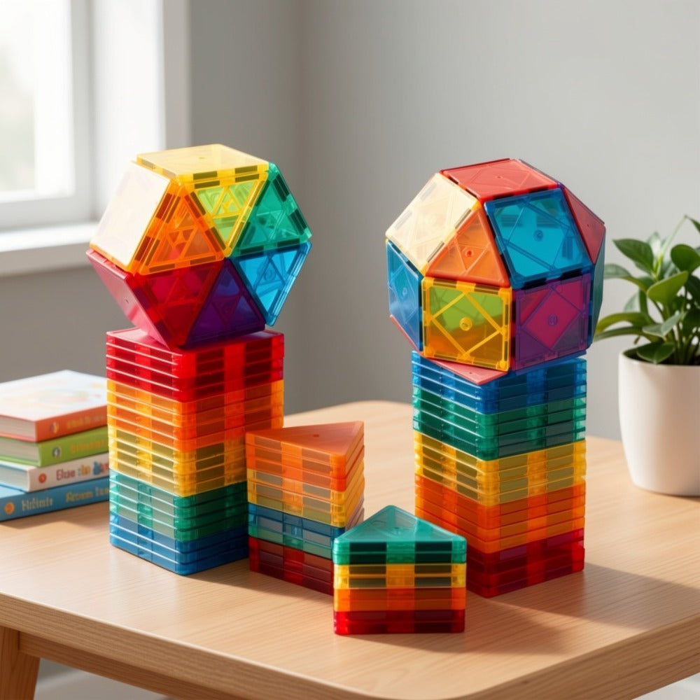 Magnetic Tiles 34-Piece Translucent Starter Building Set with Squares, Triangles, Gates and Window Shapes