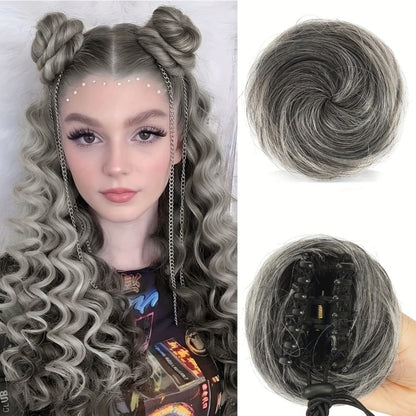 Mini Donut Bun Hairpiece with Cat Ears Claw Clip Messy Bun Synthetic Fiber Instant Updo – 2 Pcs Set for Women Girls All Hair Types Natural Black Brown Blonde 4 Inch