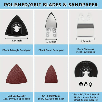 Oscillating Tool Blade Kit 98PCS Multi Tool Blades with Sanding Pads Sandpaper for Cutting Wood Plastic Metal Nails PVC Drywall Fits Most Oscillating Tool Models Universal