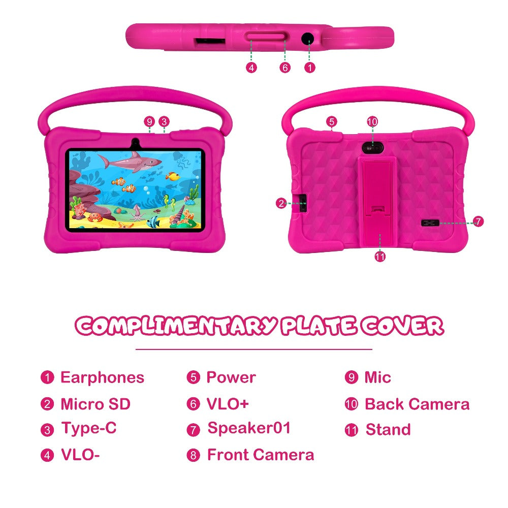 Kids Tablet 7 Inch with Android 14, 2GB RAM, 32GB Built-In Storage, Dual Cameras and Protective Case
