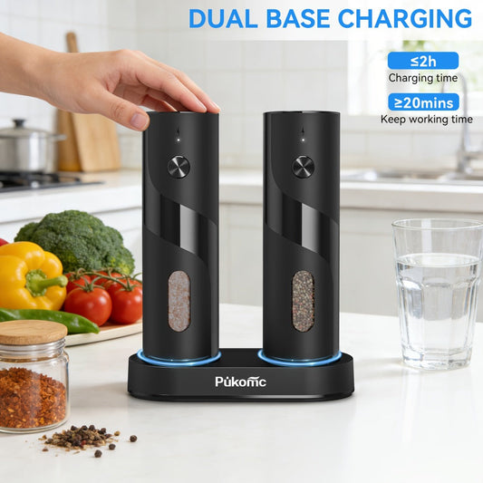 Electric Pepper Grinder Set of 2, Rechargeable with Charging Base, 6 Adjustable Coarseness Settings, Built-in LED Light & ABS Motor — Salt & Pepper Mill for Peppercorns & Spices, Brush Included