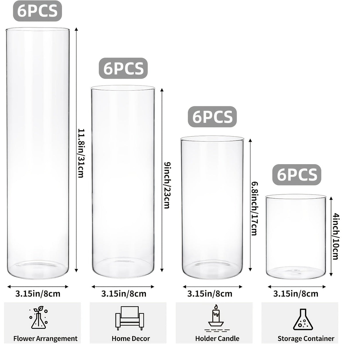 Clear Cylinder Glass Vases Set Wedding Centerpieces Home Decor for Entryways, Bedrooms and Living Spaces