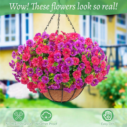 Artificial Flowers Hanging Petunia Arrangement with Included Planter Container and Six Color Options