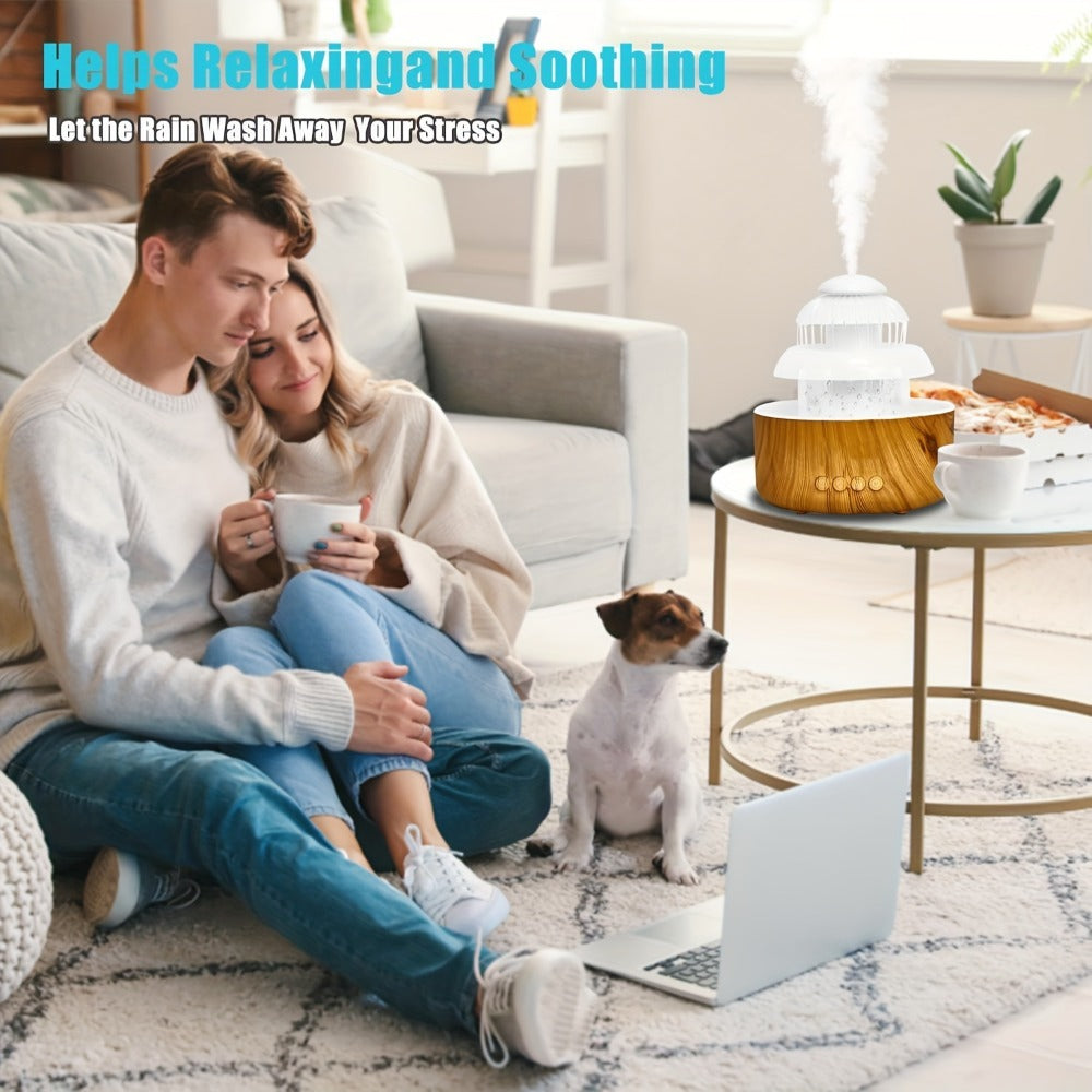 Humidifier Rain-Sound Model with Eight-Color Night Light, 10-Hour Runtime and Water-Soluble Oil Compatibility