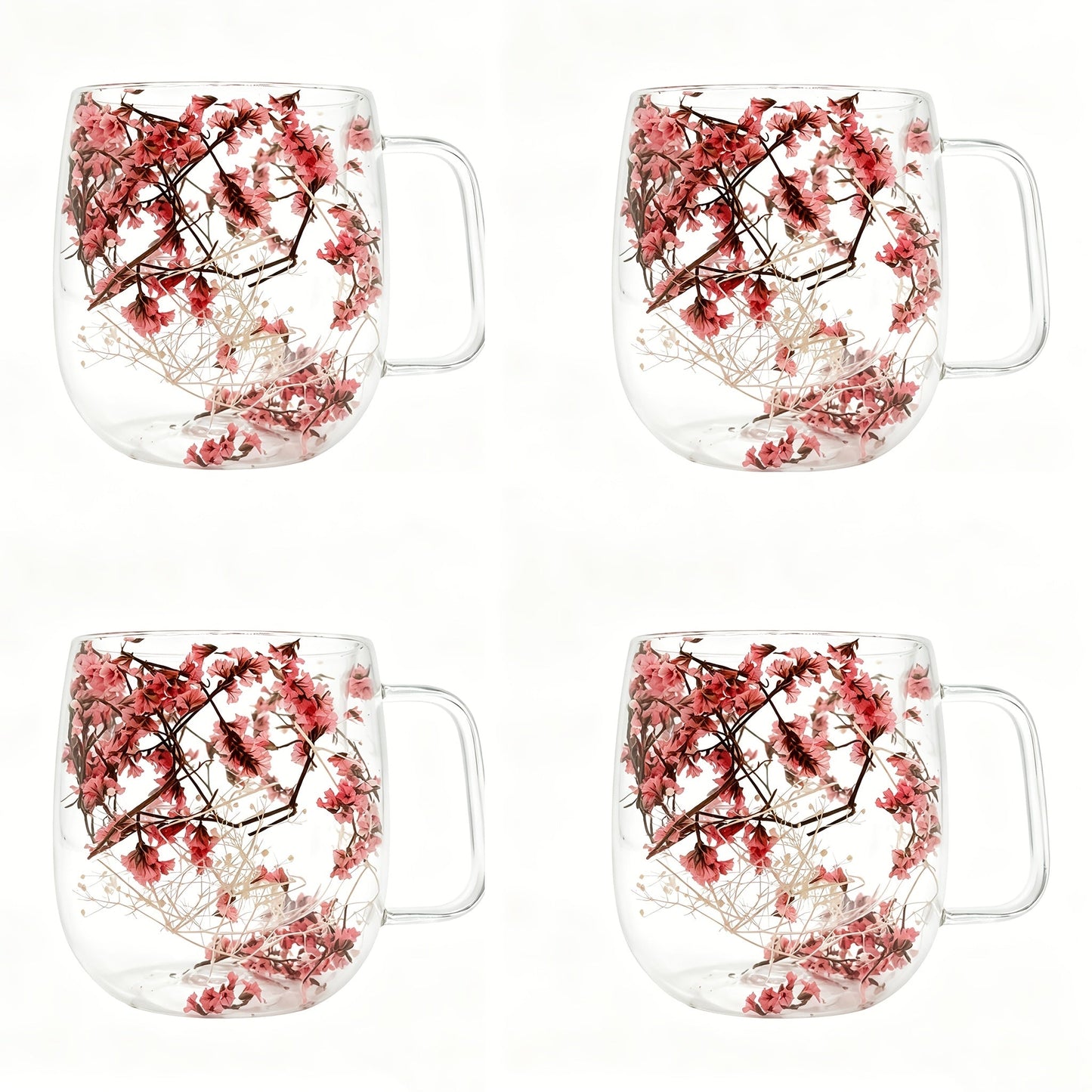 Double-Wall Glass Coffee Cup Set, Four-Piece Floral and Petal Design Mugs with Clear Handles for Tea and Lattes