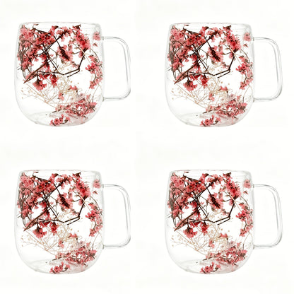 Double-Wall Glass Coffee Cup Set, Four-Piece Floral and Petal Design Mugs with Clear Handles for Tea and Lattes