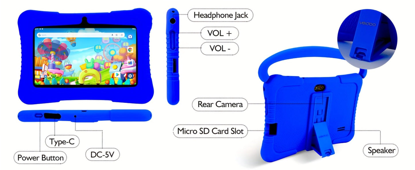 Kids Tablet 7 Inch Android 2GB RAM 16GB 32GB ROM 1TB Expandable WiFi Dual Camera Parental Control Educational Games Eye Protection Drop-Proof Silicone Case Tablet for Kids Toddlers – Pink Blue Purple Navy