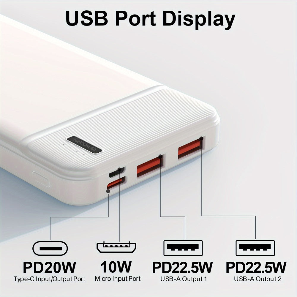 Power Bank 10000mAh Slim with 22.5W PD, 20W USB-C Input/Output and Dual USB-A Ports in Black or White