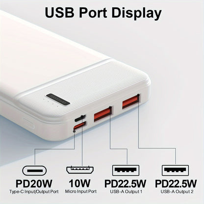 Power Bank 10000mAh Slim with 22.5W PD, 20W USB-C Input/Output and Dual USB-A Ports in Black or White