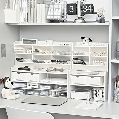 6-Layer Desktop Storage Rack Desk Organizer with File Holder Pen Holder Space-Saving Office Organizer Matte White PVC Stationery Cosmetics Dormitory Bookshelf Partition Box Multiple Sizes
