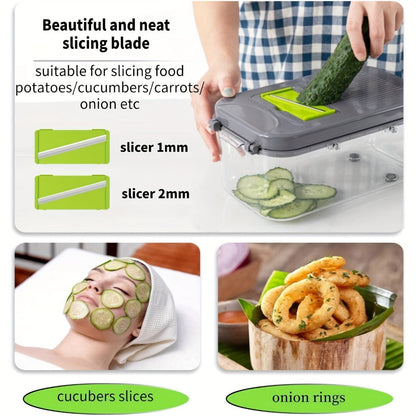 22-in-1 Vegetable Chopper with Container – 13 Blades Food Chopper & Dicer for Onion, Tomato & Veggies with Lemon Squeezer, Safety Lock & Clear Lid