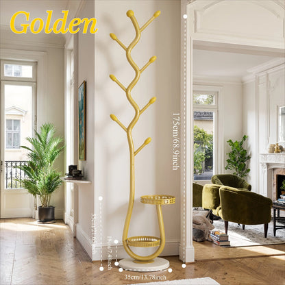 Freestanding Coat Tree with Branching Hooks, Circular Lower Shelf and White, Black or Golden Finish