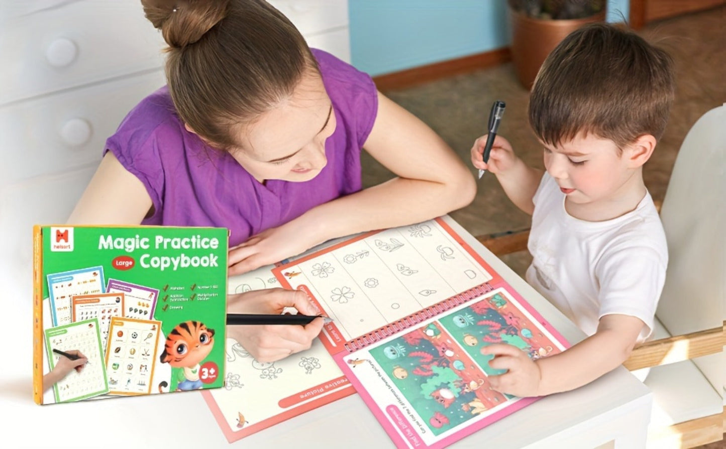Magic Grooved Handwriting Practice Book for Kids Ages 3-8 — Reusable 5-in-1 Tracing Workbook for Letters Numbers Drawing Math, 3D Groove Pen Control Training with Grip Aids, 10.2×7.3 In