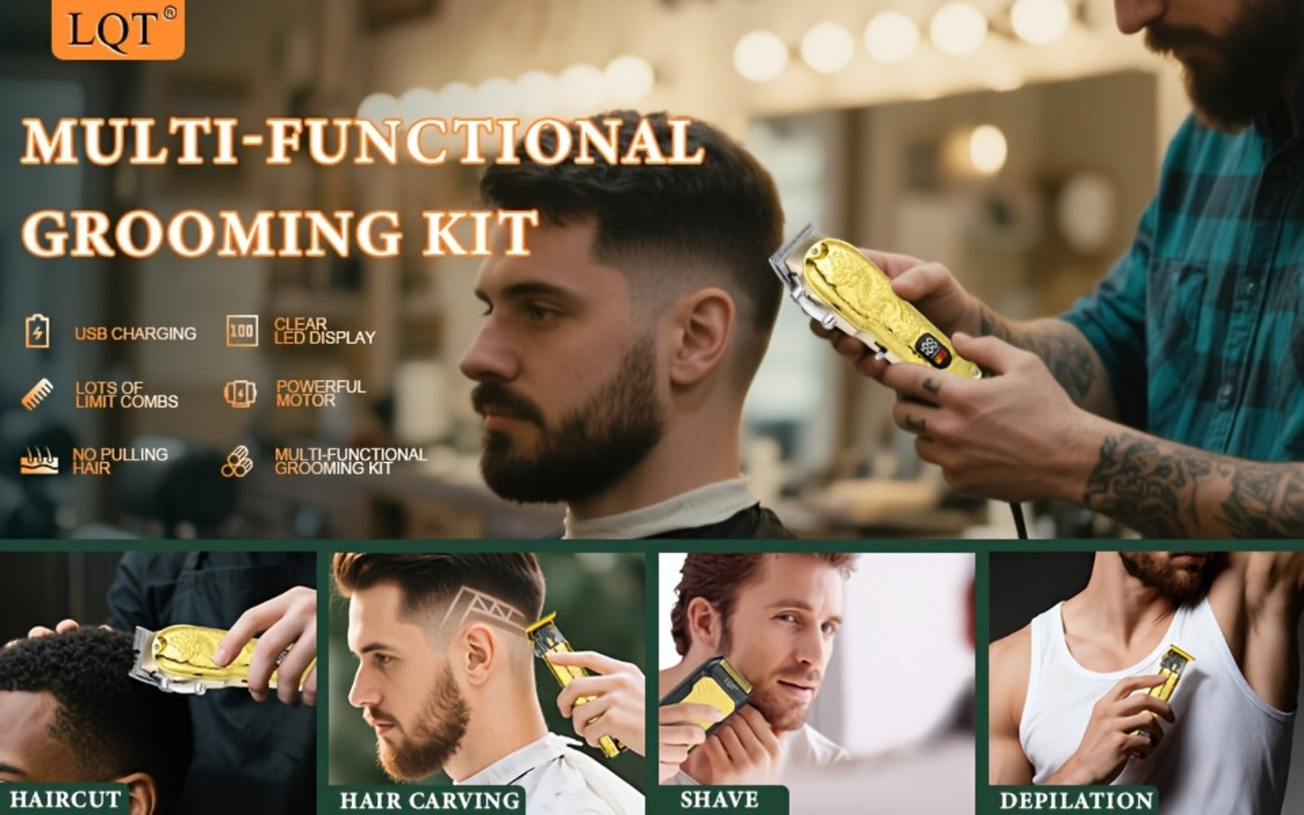 Hair Clippers & Trimmers LQT Golden Dragon Three-Piece Set with LCD Displays, USB Cables and Gift Box