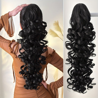 Curly Ponytail Extension 28 Inch Long Heat Resistant Synthetic Clip In Wrap Around Hairpiece Voluminous Bouncy Curls 4 Styles for Women Everyday Parties Festivals