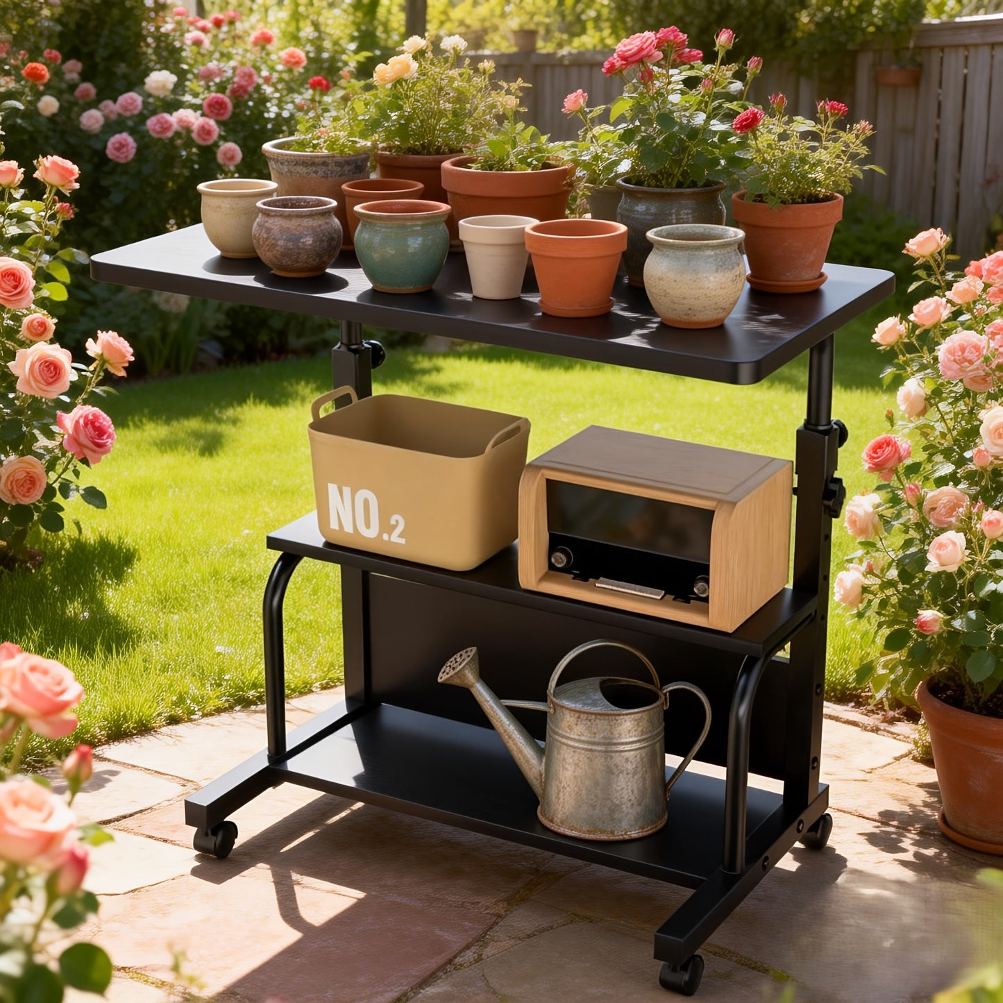 Two-Tier Mobile Garden Work Table with Wood-Look Top, Metal Frame, Storage Shelf and Locking Casters