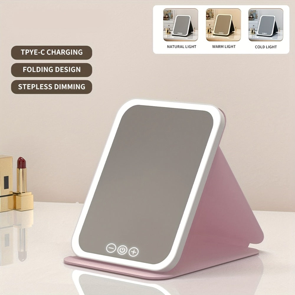 Makeup Mirror Foldable LED Travel Stand with Three Light Colors, Touch Dimming, USB Charging and Pink or White Options