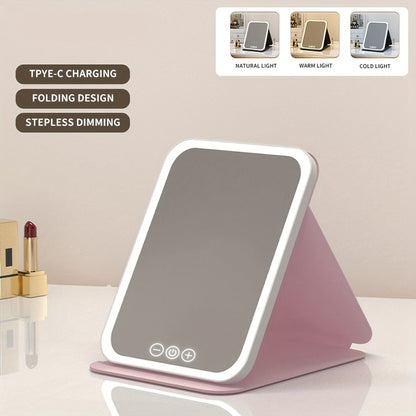 Makeup Mirror Foldable LED Travel Stand with Three Light Colors, Touch Dimming, USB Charging and Pink or White Options