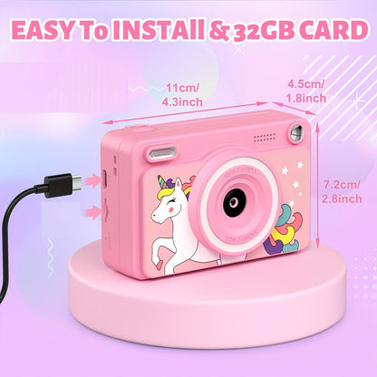 Kids Instant Print Camera with Cartoon Unicorn or Dinosaur Design, Paper Rolls, Color Pens and Four Color Options