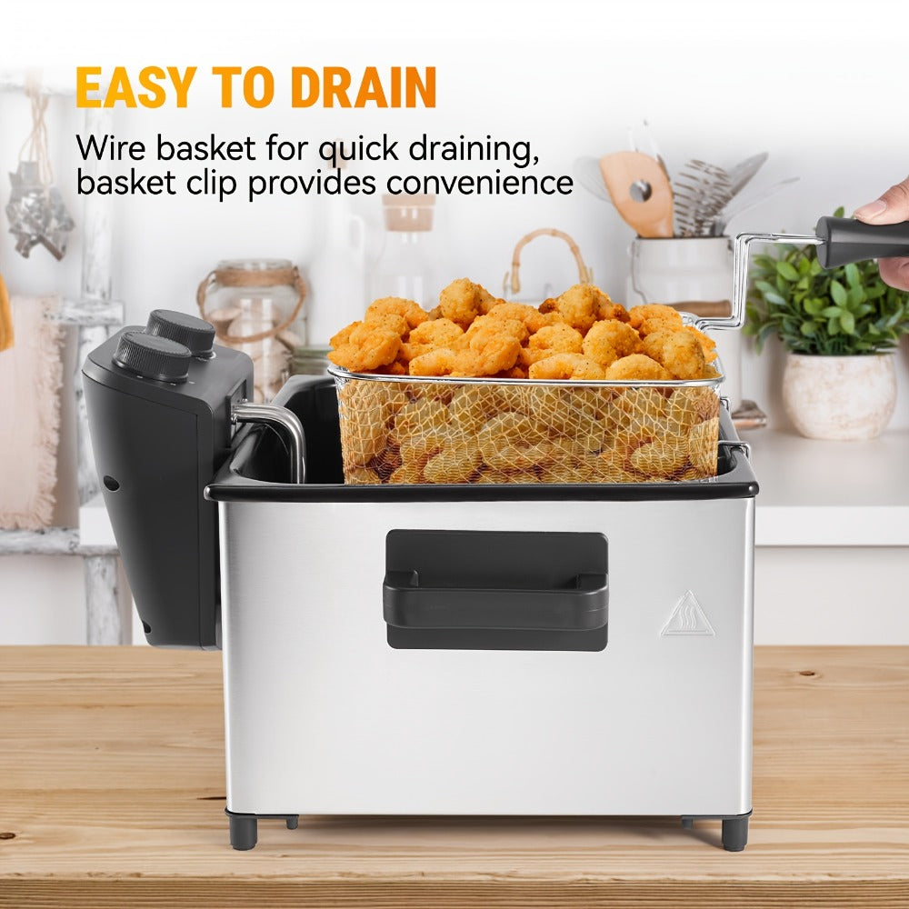 Electric Deep Fryer 1700W, Large Deep Fryer with Adjustable Time & Temperature Control, Stainless Steel Frying Basket, Lid with View Window, 101.44oz / 1.32gal Capacity, Home Kitchen Countertop Fryer