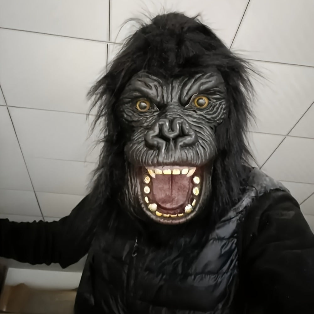 Black Gorilla Full-Head Costume Mask in Open-Eye or Eyeless Styles with Shaggy Fur and Open Mouth