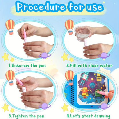 12-Piece Reusable Water Doodle Book Set with Refillable Pens and Assorted Illustrated Themes