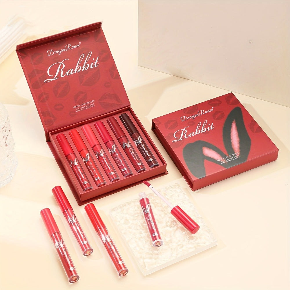 Red Lip Glaze Gift Set 6pcs in Elegant Box — Long-Lasting Smudge-Proof Glazed Finish, Smooth Paste Formula, All-Day Wear Versatile Lip Color for Beginners & Beauty Lovers, Holiday Birthday Gift