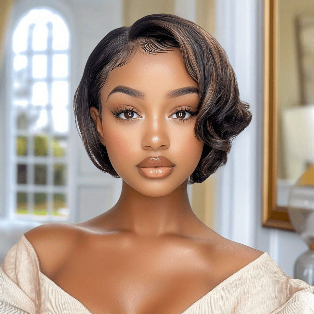 Lace Front Wig Human Hair Body Wave Bob with 4x1 Lace, 6in Length and Three Brown Highlight Colors
