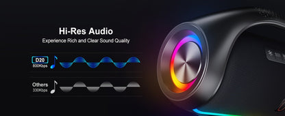 JYX D20 Portable Bluetooth Boombox Speaker with 3D Surround Sound, RGB Disco Lights, Deep Bass Boost, TWS Stereo, 8-10H Playtime, MicroSD USB AUX for Outdoor Party, Camping & Indoor Use