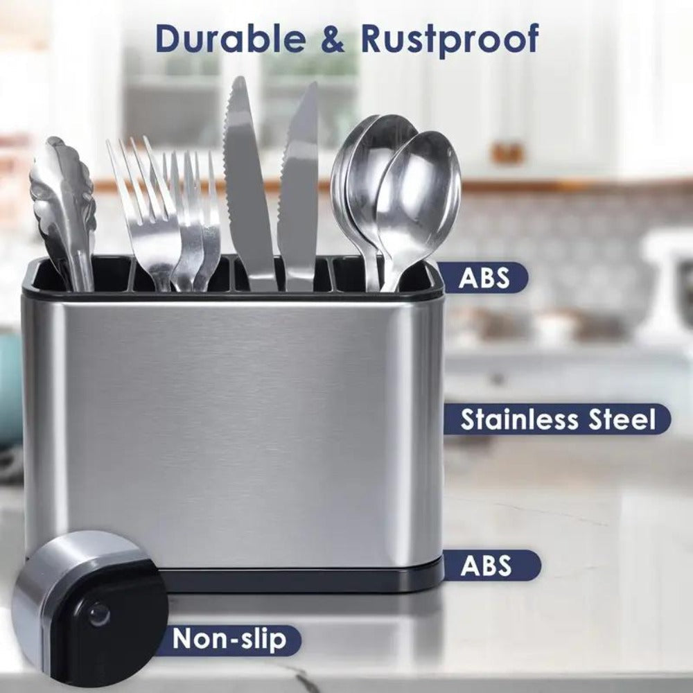 Utensil Holder Stainless Steel Cutlery Organizer 4-Compartment Countertop Caddy Anti-Slip Drain Holes for Kitchen Forks Knives Spoons Chopsticks