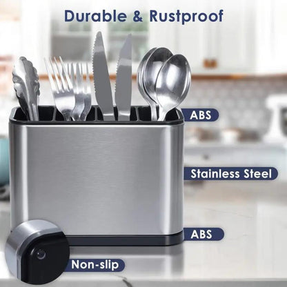 Utensil Holder Stainless Steel Cutlery Organizer 4-Compartment Countertop Caddy Anti-Slip Drain Holes for Kitchen Forks Knives Spoons Chopsticks