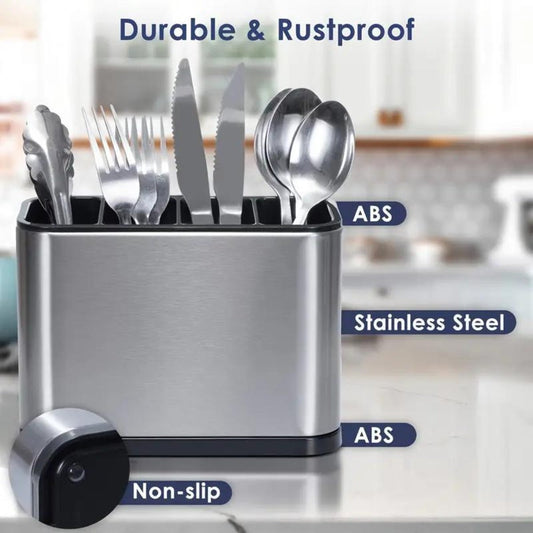 Utensil Holder Stainless Steel Cutlery Organizer 4-Compartment Countertop Caddy Anti-Slip Drain Holes for Kitchen Forks Knives Spoons Chopsticks