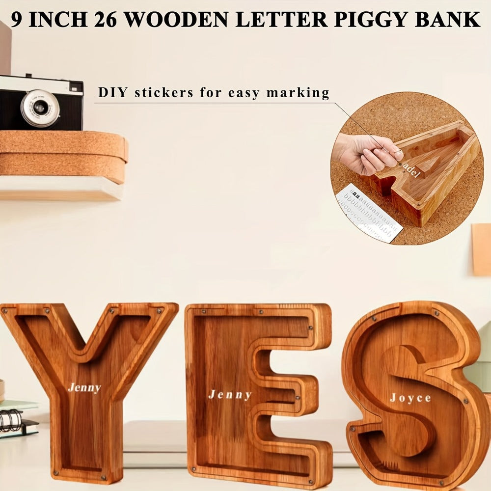 Wooden Alphabet Letter Coin Bank with Clear Front Panel and 23 Fixed Initial Options for Display