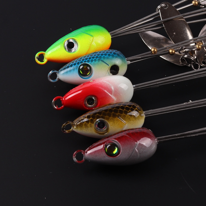 Fishing Lure Set 7-Piece Five-Arm Umbrella Rigs with Spinner Blades, Reinforcing Pins and Mixed Head Colors