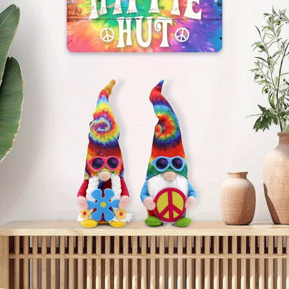 Hippie Gnomes Decorations 2 Pack – Groovy Tie Dye Tomte Figurines with Peace Sign & Fashion Glasses, 13.5" Swedish Gnome Shelf Sitters for Farmhouse, Christmas, Halloween & Party Decor