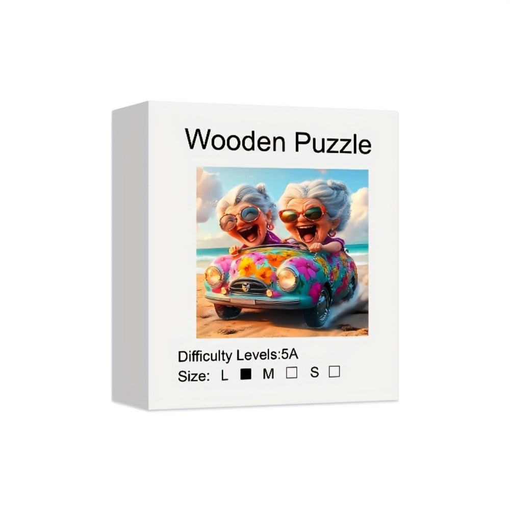 Happy Old Lady Wooden Jigsaw Puzzle with Irregular Pieces and 5.7 or 11.2 Inch Checkout Size Options