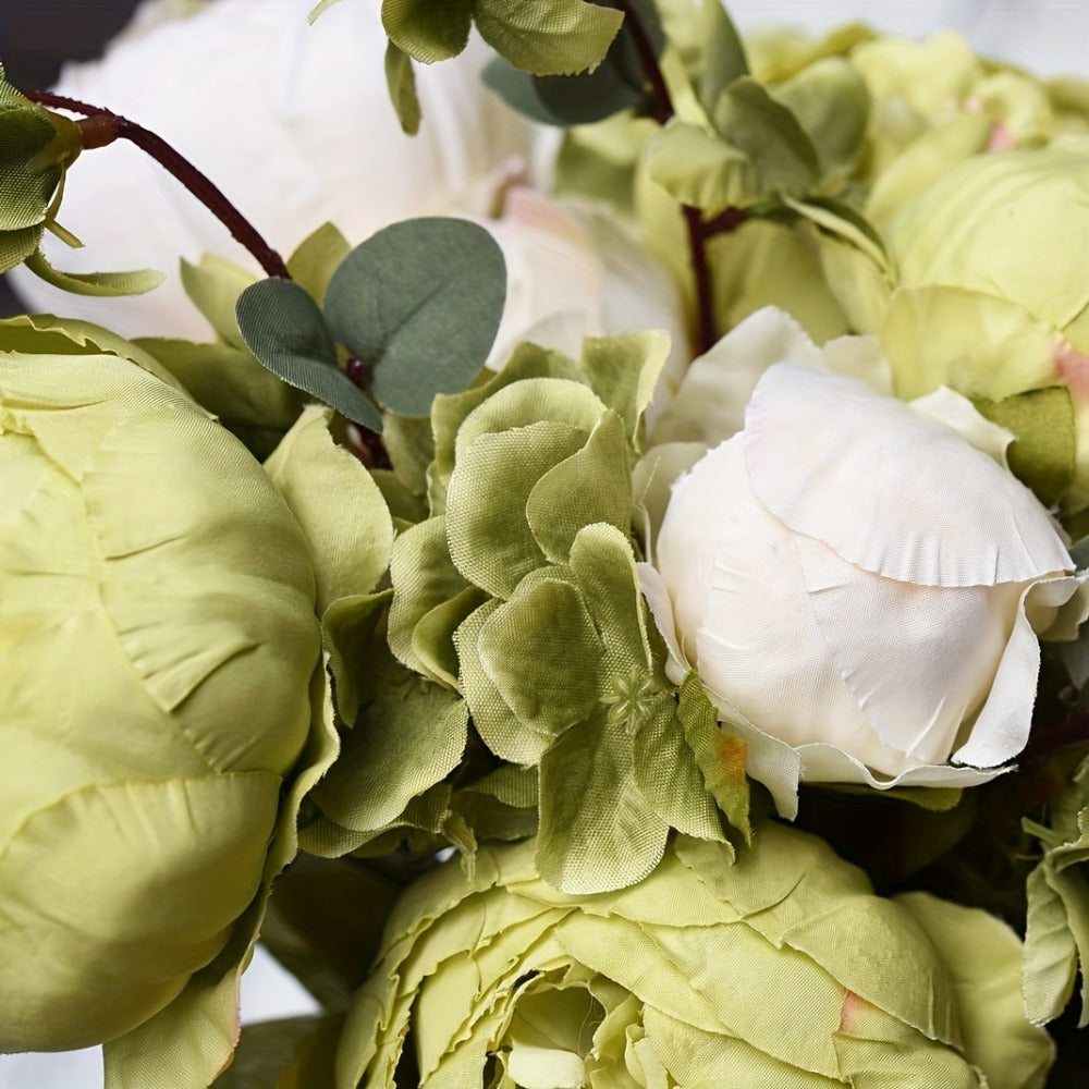 Artificial Flowers Vintage Peony and Hydrangea Bouquet in Beige and Green for Wedding and Home Decor