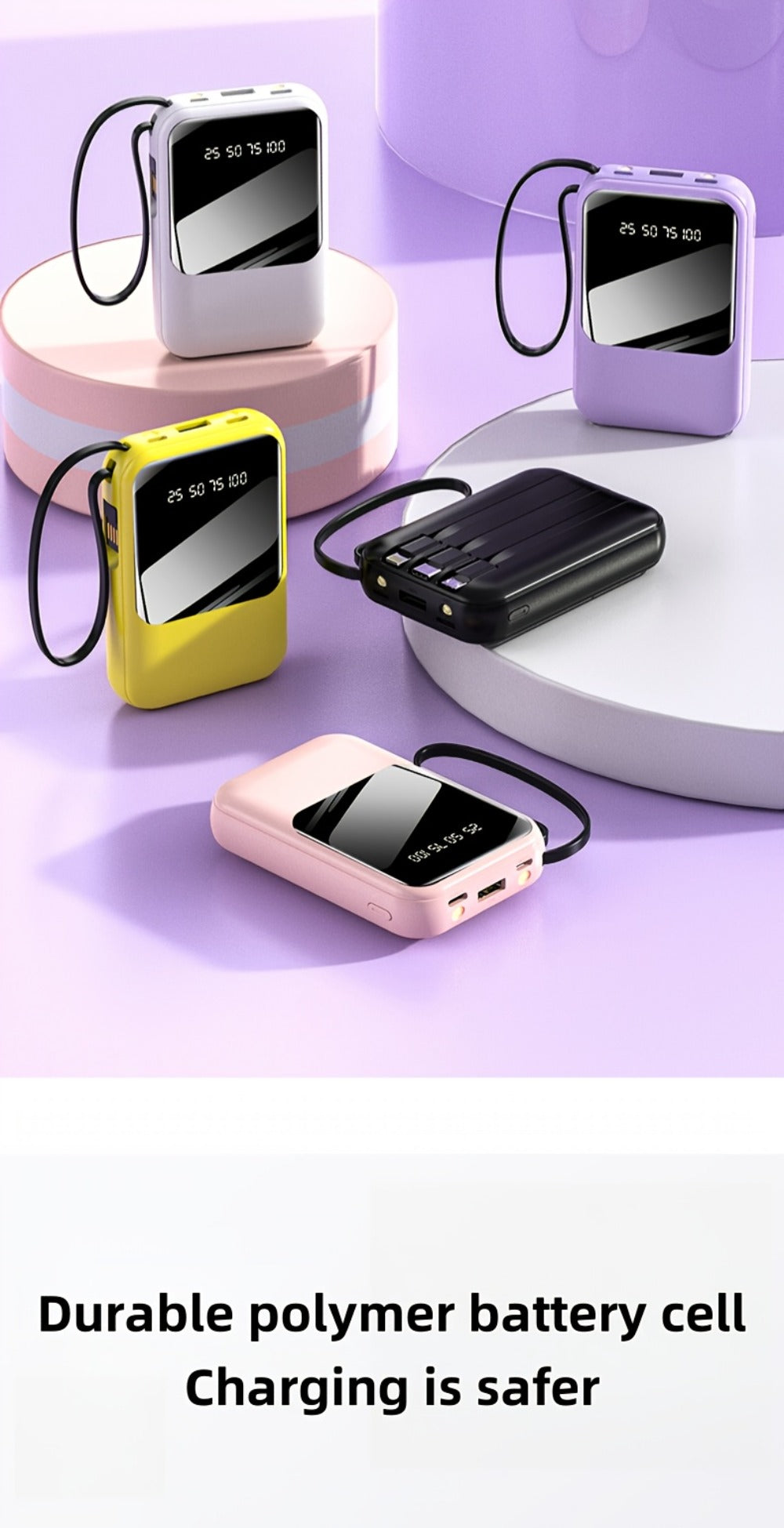 10000mAh Mini Power Bank 22.5W Super Fast Charging with 4 Built-In Cables – LED Display Cute Compact Portable Charger for iPhone Samsung Android Travel Outdoor Emergency Battery Pack