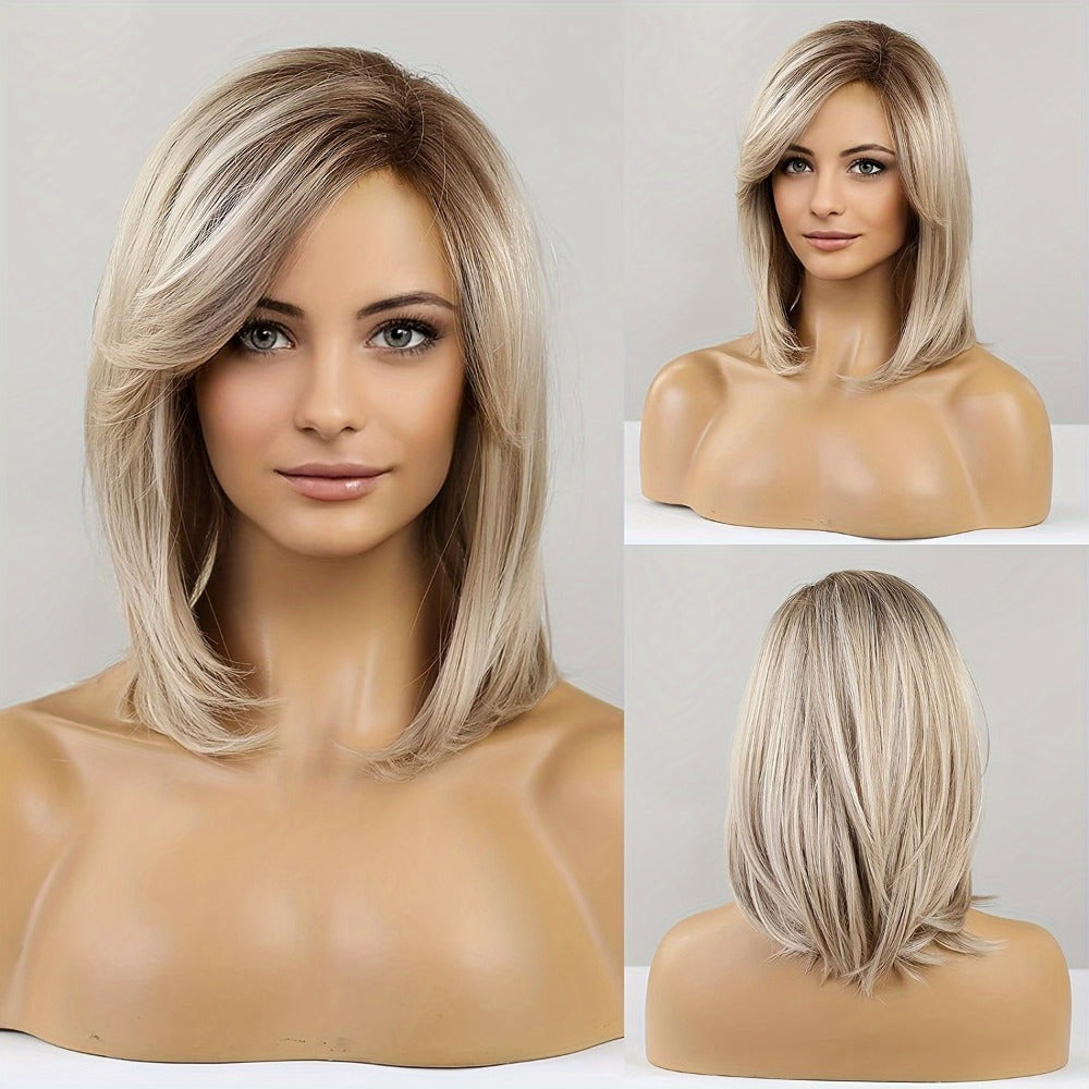 Rose Net Cap Straight Wig Platinum Blonde Mixed White Golden 16 Inch – Adjustable Mechanism Head Cover Lightweight Synthetic Hair for Women Daily Wear Costume Cosplay Party