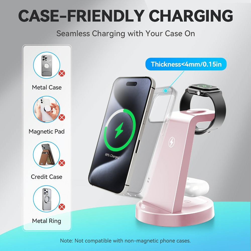 3-in-1 Wireless Charging Dock Multi-Color Fast Charge for iPhone 17 16 15 14 13 12 11 Pro Max, Apple Watch Ultra 2 Series 10 9 8 7 6 SE, AirPods 4 3 2 Pro & Samsung Galaxy – Black Blue Pink U1 U2