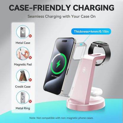 3-in-1 Wireless Charging Dock Multi-Color Fast Charge for iPhone 17 16 15 14 13 12 11 Pro Max, Apple Watch Ultra 2 Series 10 9 8 7 6 SE, AirPods 4 3 2 Pro & Samsung Galaxy – Black Blue Pink U1 U2