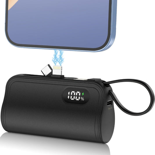 Power Bank 6000mAh Mini with USB-C and Lightning Plugs, 22.5W Listed Charging, Display and Stand