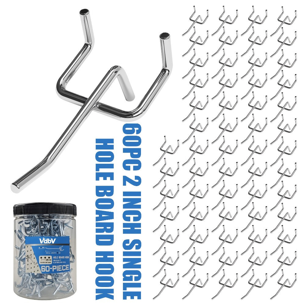 Stainless Steel Pegboard Hooks, 60-Piece Set with 2-Inch Single-Hole Design for 1-Inch-Spaced Tool Boards