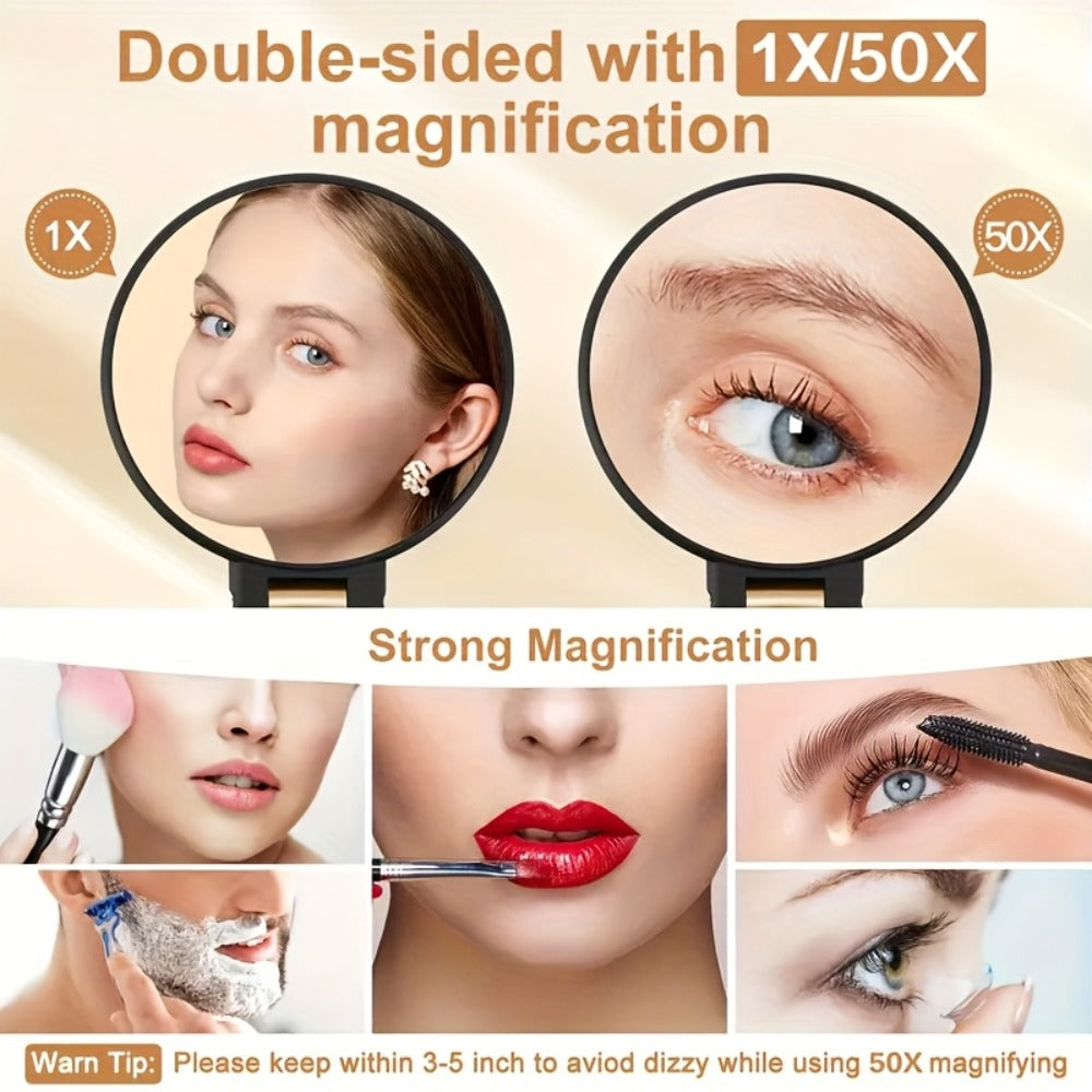 Makeup Mirror Dual-Sided 1X and 50X Handheld Round Compact with Folding 360° Handle in Black or White