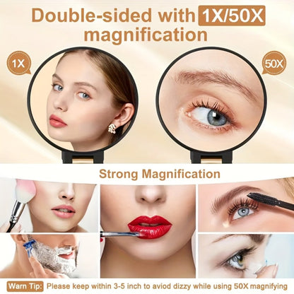 Makeup Mirror Dual-Sided 1X and 50X Handheld Round Compact with Folding 360° Handle in Black or White