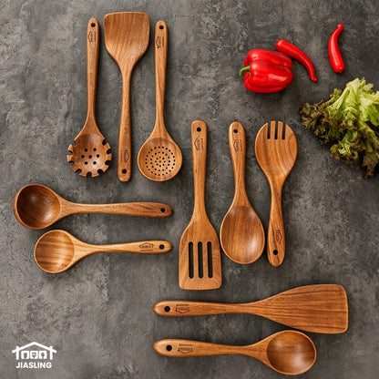 Wooden Spoons for Cooking 10 Pcs – Teak Wood Kitchen Utensils Set, Non-Stick Safe Spatulas & Spoon Cooking Tools