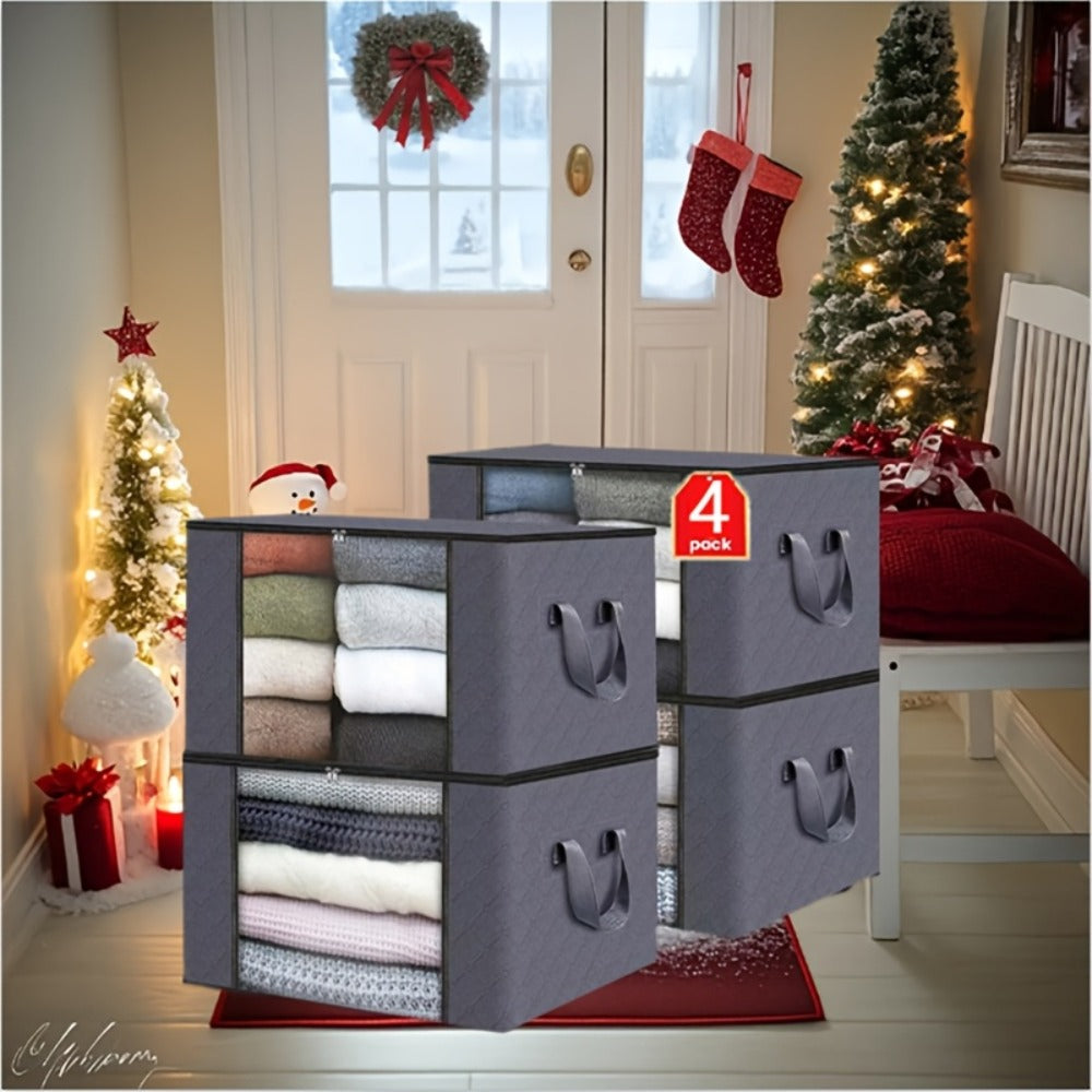 Four-Piece Foldable Storage Bag Set in Black or Gray with Clear Front Panels and Reinforced Side Handles