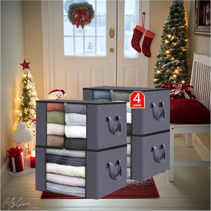 Four-Piece Foldable Storage Bag Set in Black or Gray with Clear Front Panels and Reinforced Side Handles