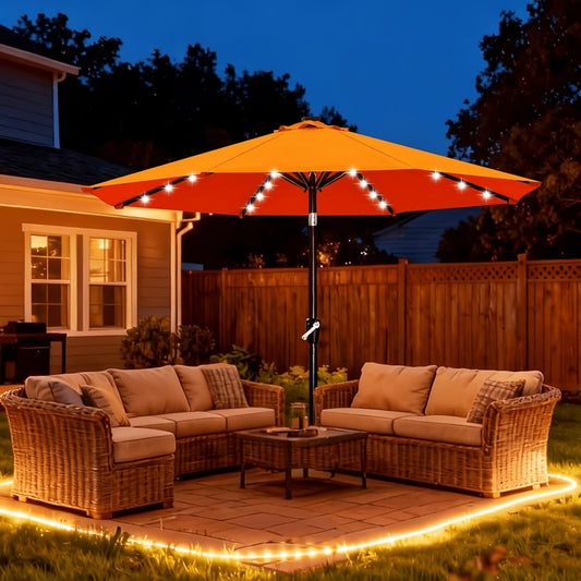 Patio Umbrella, 9ft Solar LED with 32 LED Lights - Push-Button Tilt, 8-Rib Steel Frame, UV shown in the main product view